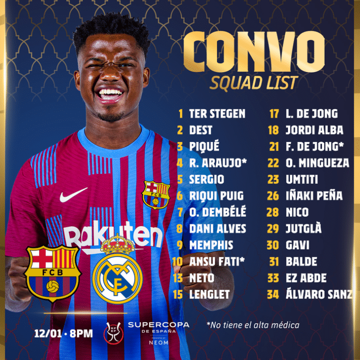 巴萨超级杯大名单：法蒂、德容在列，佩德里缺席