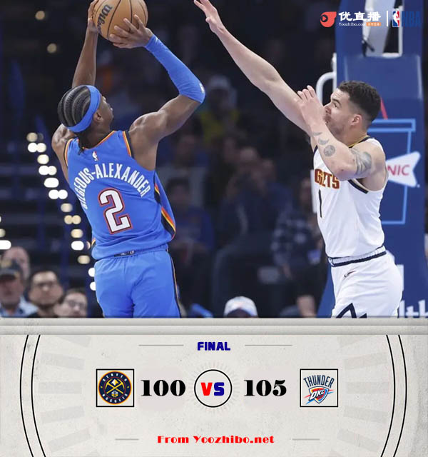 雷霆105-100险胜掘金 亚历山大34+7+5 霍姆格伦18+13+5帽 约基奇缺战