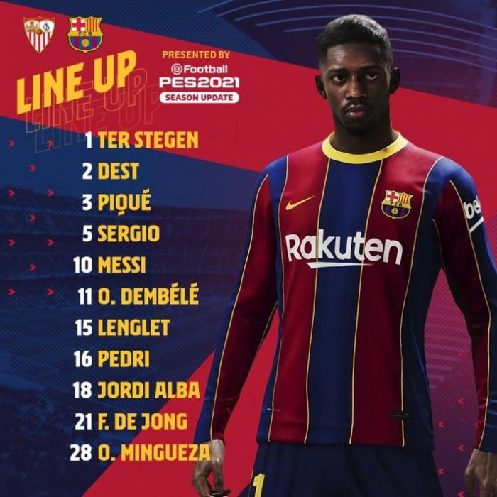 巴萨vs塞维利亚首发出炉: 梅西领衔, 登贝莱首发