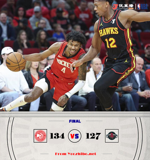老鹰134-127战胜火箭 特雷-杨30+14 穆雷21+5 小史密斯34+13