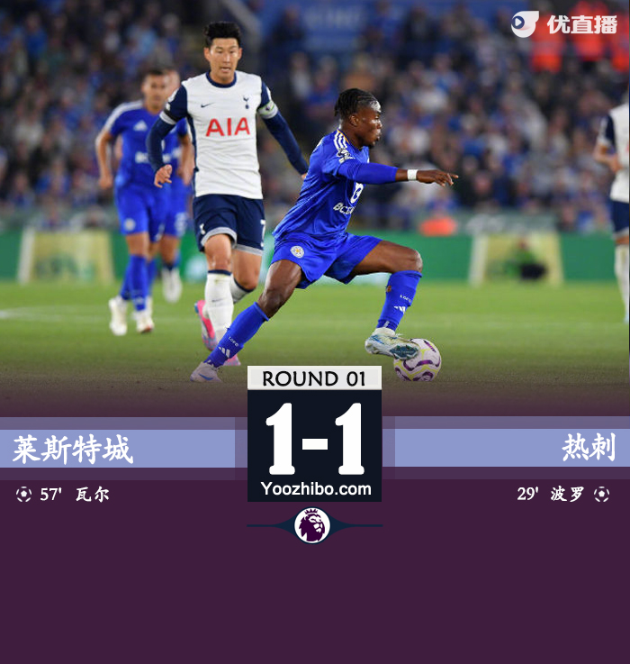 热刺1-1莱斯特城无缘开门红 波罗破门37岁瓦尔迪扳平