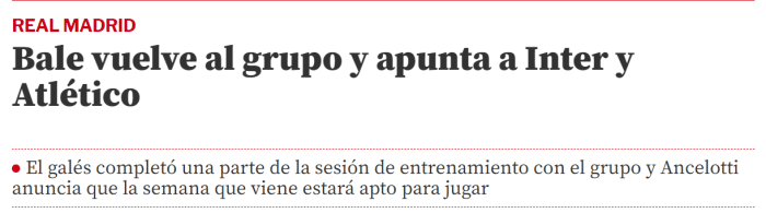 世体：贝尔可能在对阵国米或马竞时复出