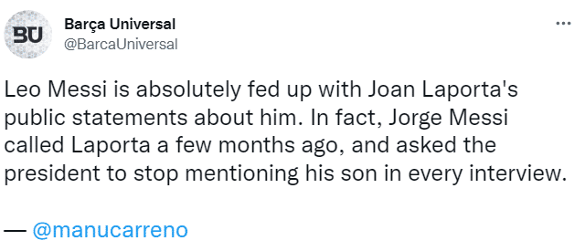 塞尔：拉波尔塔再次谈到梅西，后者不胜其烦