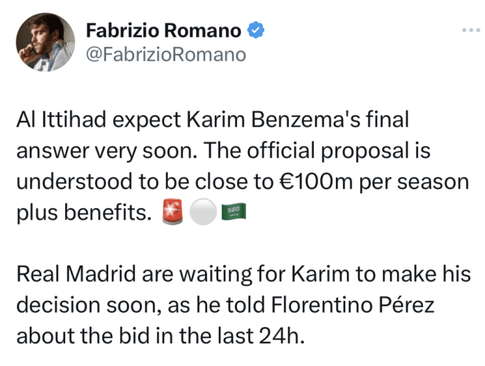 三大金球先生齐聚？曝沙特冠军1亿欧年薪报价本泽马！皇马已寻找替身