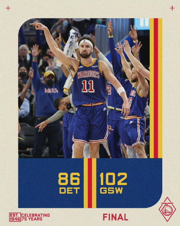 勇士102-86轻取活塞 克莱21分 库里三节打卡18+8 维金斯19分