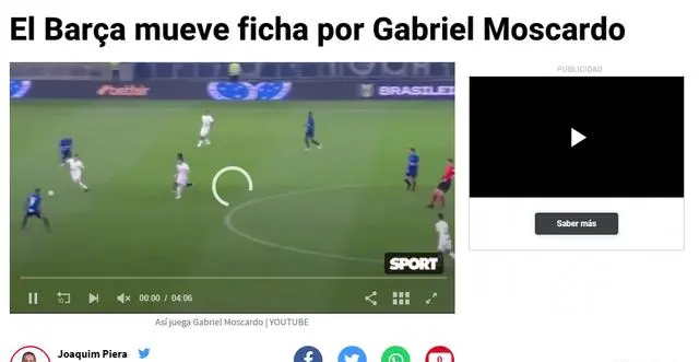 西媒：巴萨与科林蒂安就莫斯卡多明年转会西甲的可能性进行谈判