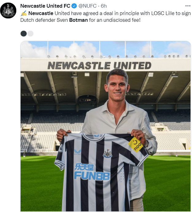 官方：纽卡与里尔后卫博特曼签约5年