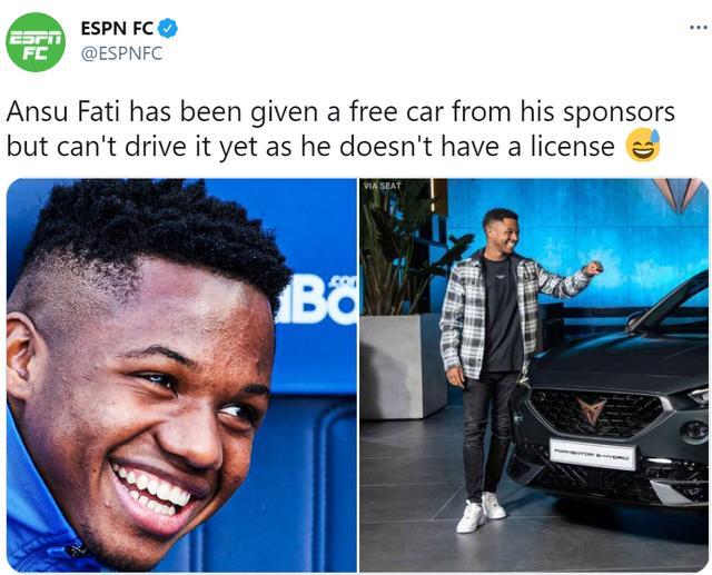 送了个寂寞！巴萨赞助商赠法蒂汽车，但他没有驾照