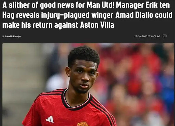 滕哈格：阿马德-迪亚洛可能在对阵阿斯顿维拉的比赛中复出