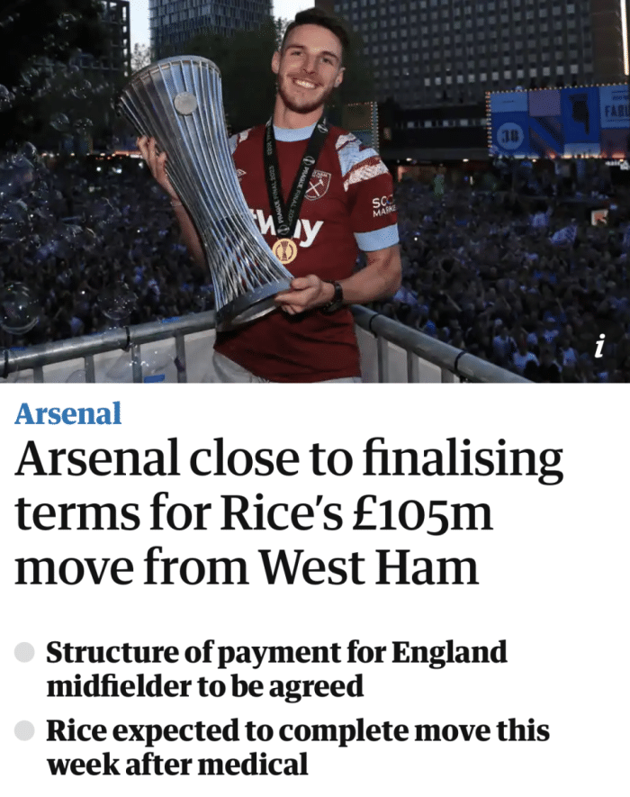 曝阿森纳即将签下赖斯！本周体检官宣，分3期2年内付完1亿镑转会费