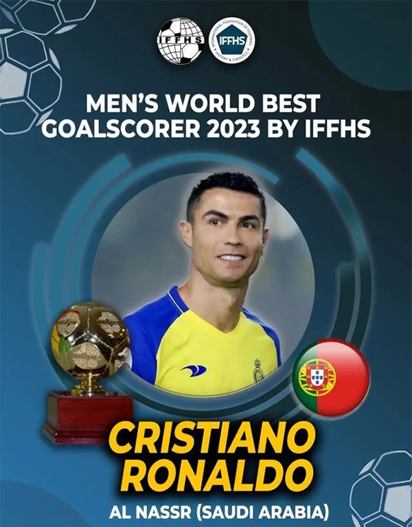 IFFHS官方：C罗在2023年打入54球当选年度最佳射手