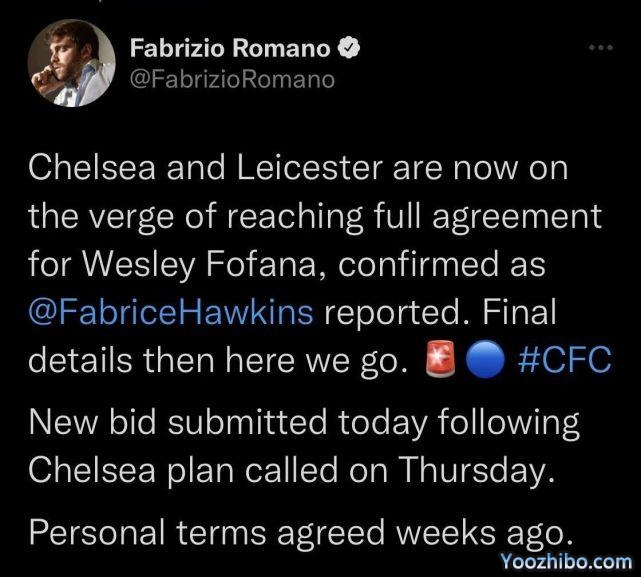 切尔西8250万欧+浮动敲定福法纳，刷新中卫转会费纪录