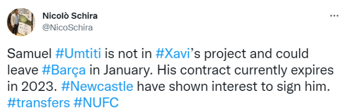 土豪接盘？斯基拉：纽卡有意签下乌姆蒂蒂
