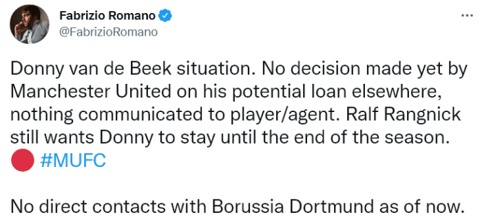 罗马诺：朗尼克希望范德贝克留队到赛季结束