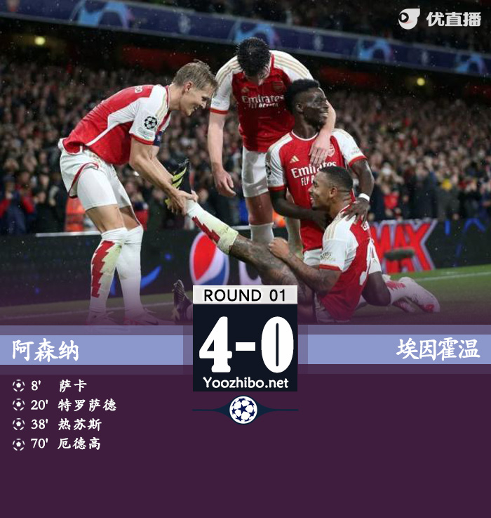 阿森纳4-0埃因霍温 特罗萨德萨卡传射