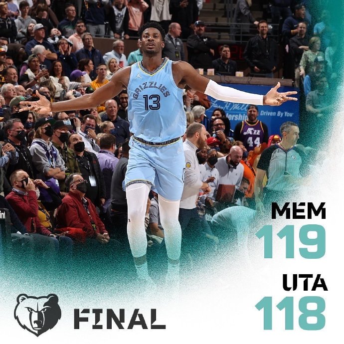 灰熊119-118战胜爵士 莫兰特32+7 小贾伦三分准绝杀 博扬24分