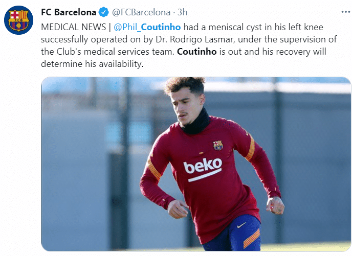 巴萨官方: 库蒂尼奥手术成功, 缺阵时间未定