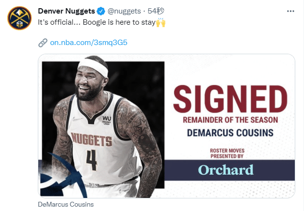 官宣！掘金正式续约考辛斯，场均6+6出战时8胜0负成丹佛福将