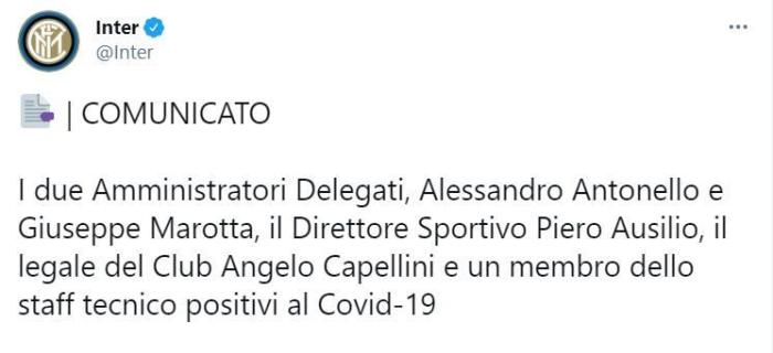 国米官方: 马洛塔等多名高层感染新冠肺炎