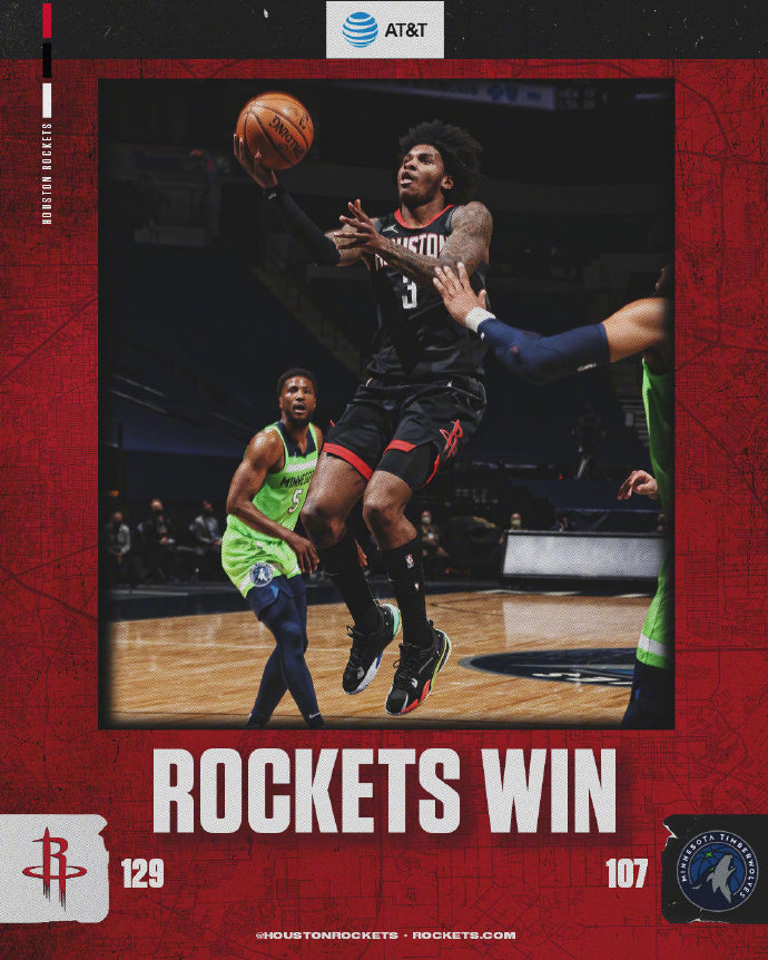 火箭129-107大胜森林狼 小波特25分 唐斯27+15 爱德华兹27分