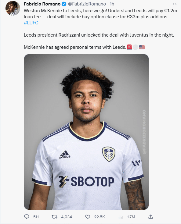 罗马诺：利兹联租借尤文球员韦斯顿·麦肯尼