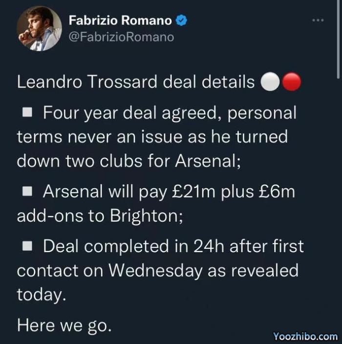here we go！特罗萨德将加盟阿森纳