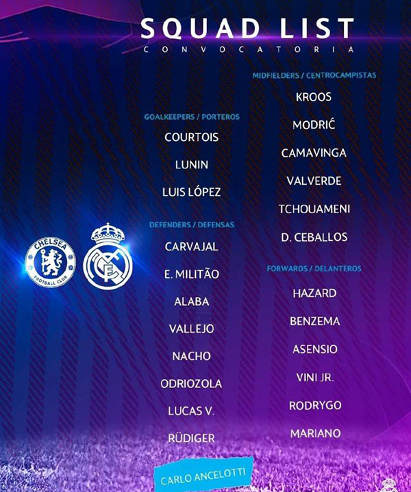 本泽马、魔笛领衔皇马欧冠次回合战切尔西大名单