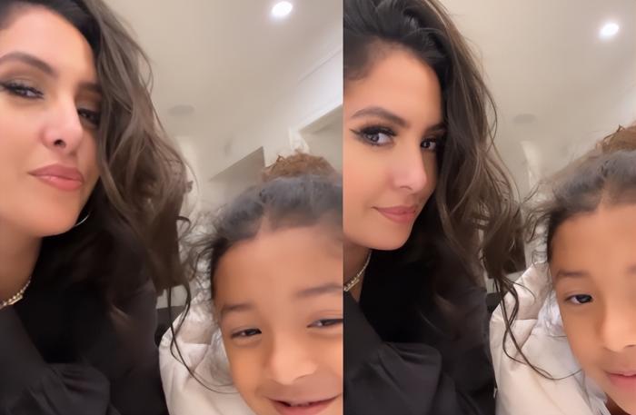 瓦妮莎侧颜迷人，与女儿同框拍视频，眼中透着俏皮40岁风韵优雅