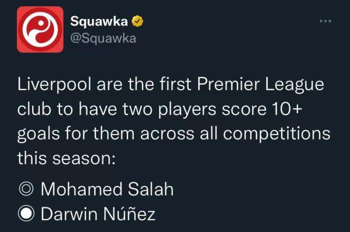 真的不行？努涅斯本赛季进球数已经上双