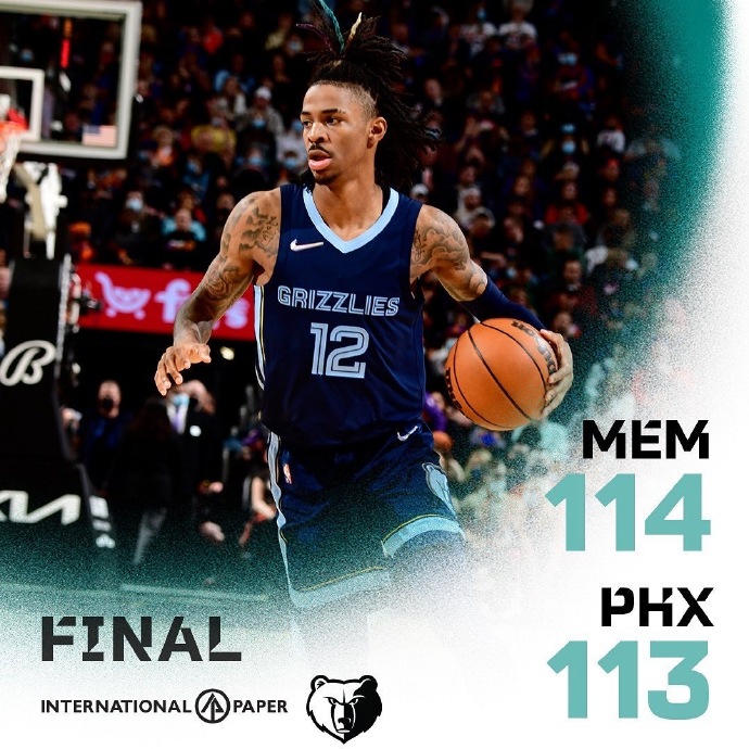 灰熊114-113逆转太阳 莫兰特33分+绝杀 贝恩32+6 布克30分