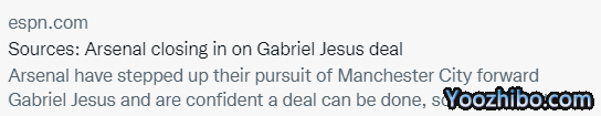 ESPN：阿森纳接近签下曼城前锋热苏斯