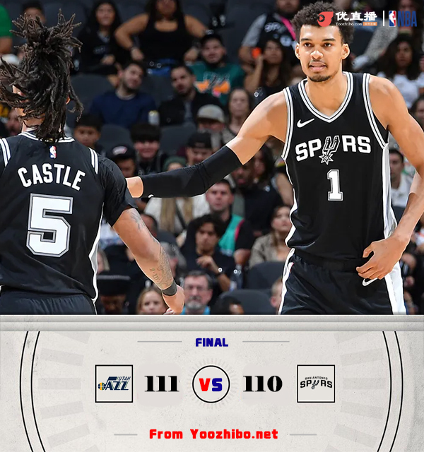马刺110-111惜败爵士 文班亚马24+16+7帽&致命掩护犯规 卡斯尔23分