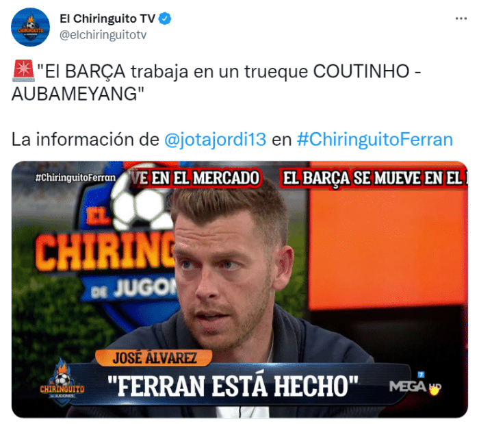 六台：巴萨正在推动库蒂尼奥交换奥巴梅扬的交易