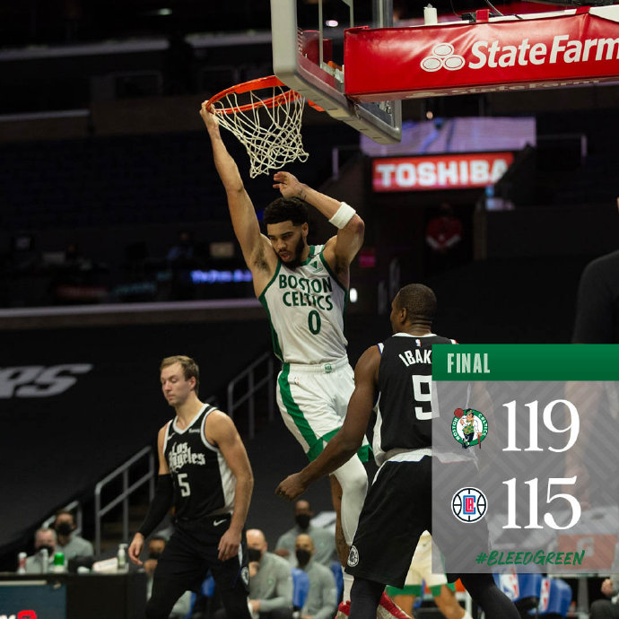 凯尔特人119-115击沉快船 塔图姆34+7 沃克24分 小卡28+11