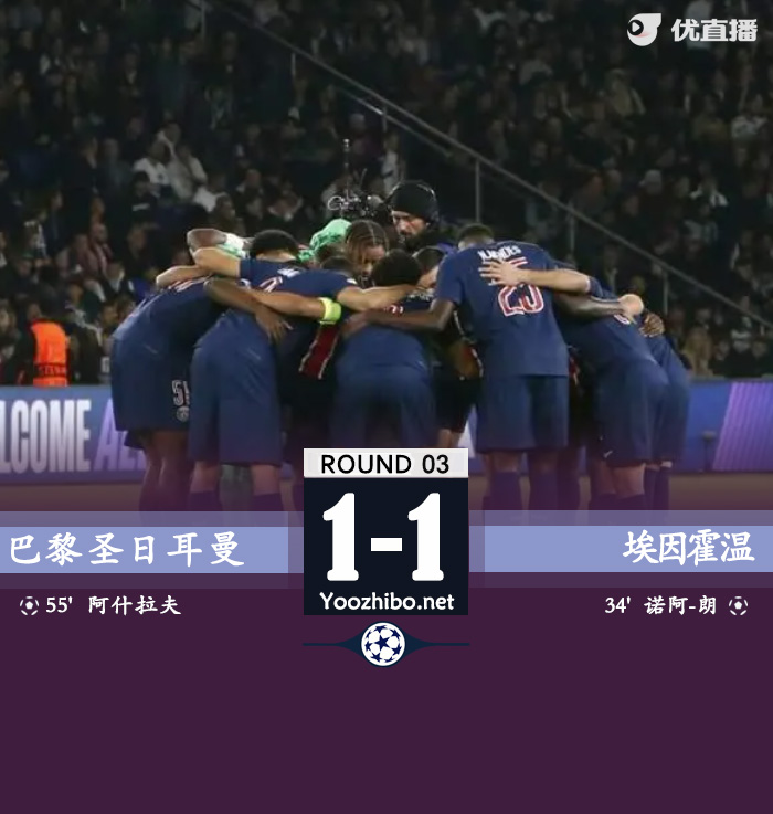 巴黎1-1埃因霍温 阿什拉夫远射世界波登贝莱中楣