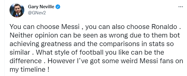 内维尔：支持梅罗都可以，但一些梅西球迷很古怪