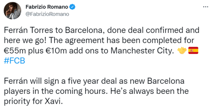 罗马诺：巴萨将6500万欧签下费兰-托雷斯