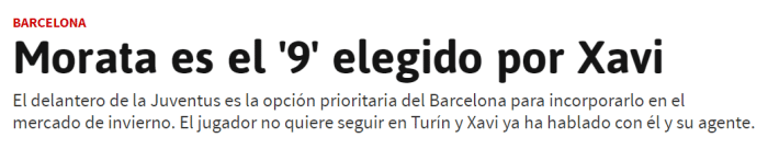 阿斯：巴萨有意签下莫拉塔，双方目前谈判顺利