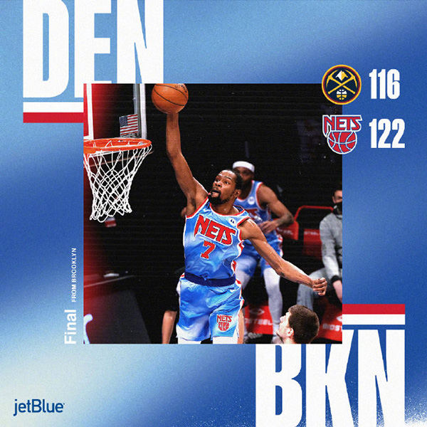 篮网122-116逆转掘金 杜兰特34+9+13 约基奇23+7+11+7断