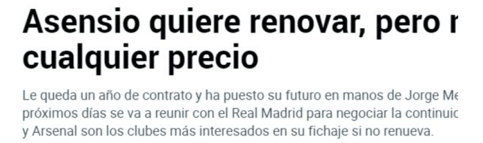 马卡：皇马为阿森西奥标价4000万欧