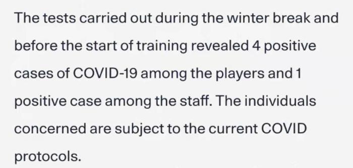 巴黎官方：4名球员和1名工作人员新冠检测呈阳性