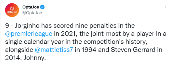 若日尼奥今年联赛已进10粒点球，创英超纪录！