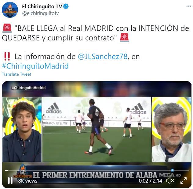 六台记者：贝尔已会皇马，打算履行完合同