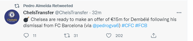 有人准备接手，切尔西冬窗1500万求购登贝莱