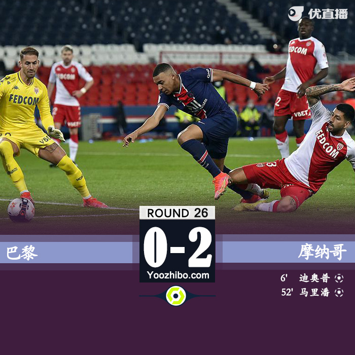 巴黎0-2摩纳哥 迪奥普进球马里潘建功