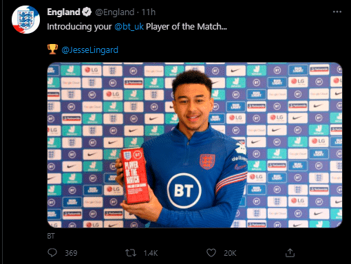 官方: 林加德当选与圣马力诺一战全场最佳球员