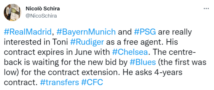 斯基拉：巴黎也想在明夏免签吕迪格