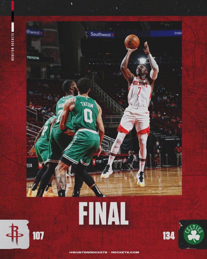 凯尔特人134-107大胜火箭 塔图姆23+6+6 布朗24分 马丁新高21分