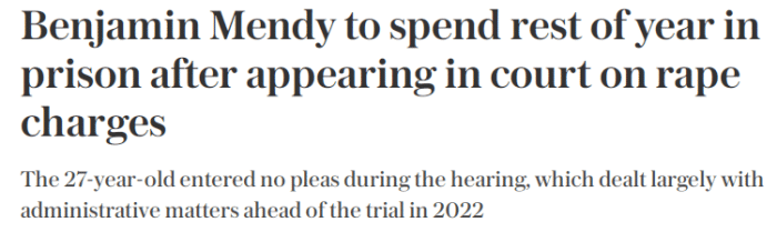 曼城后卫门迪今年将在狱中度过，明年1月接受审判