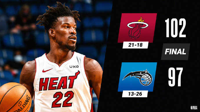 热火102-97击败魔术 巴特勒29+9 武切维奇38+10 T-罗斯31+8三分